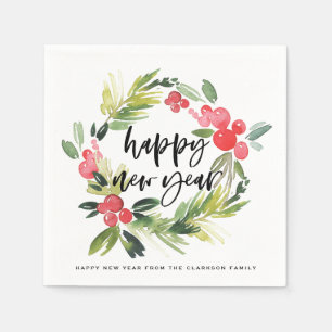 Watercolor Pine and Holly Wreath New Year Party Napkin