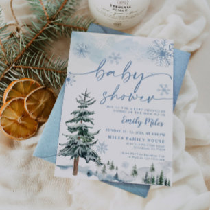 Watercolor Pine Blue Winter Baby Shower Invitation