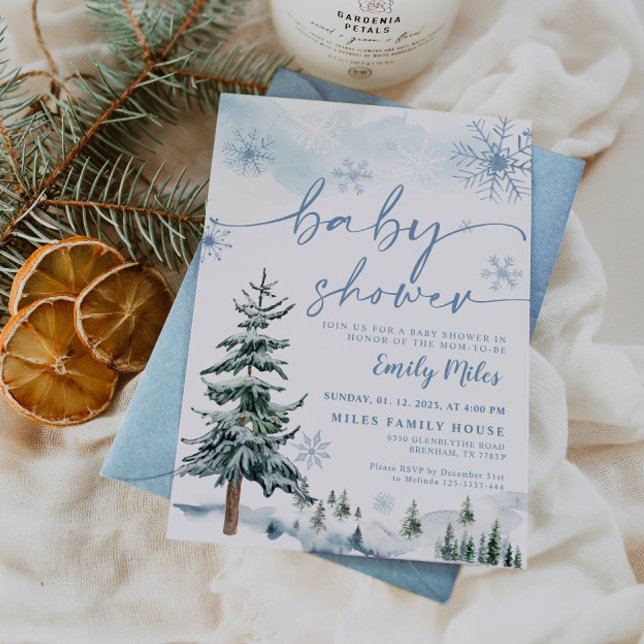 Watercolor Pine Blue Winter Baby Shower Invitation (Creator Uploaded)