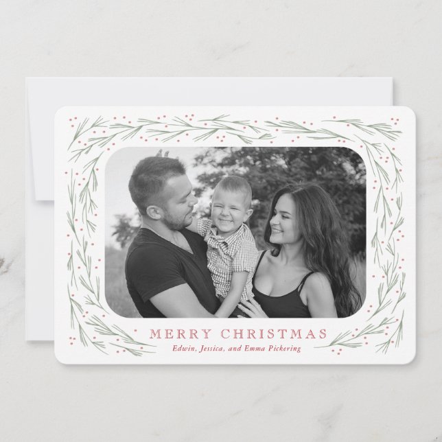 Watercolor Pine Border Christmas Photo Card (Front)