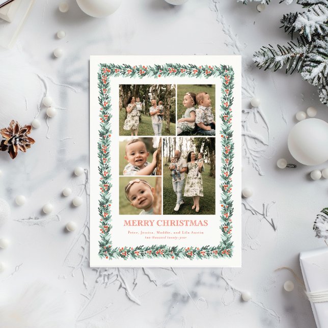 Watercolor Pine Border Multi Photo Christmas Card (A multiphoto holiday card featuring a hand painted border of pine boughs and winter greenery)