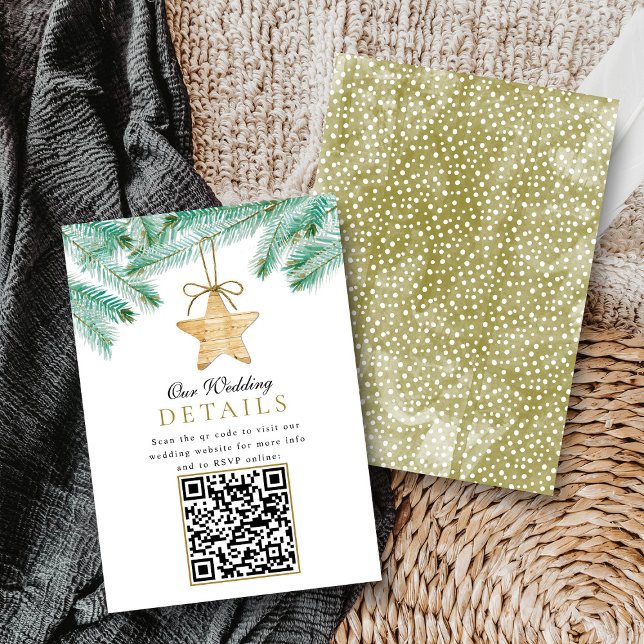 Watercolor Pine Boughs Christmas Winter Wedding QR Enclosure Card (Creator Uploaded)