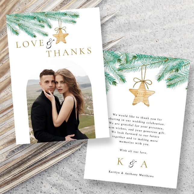 Watercolor Pine Boughs Winter Wedding Photo Thank You Card (Creator Uploaded)