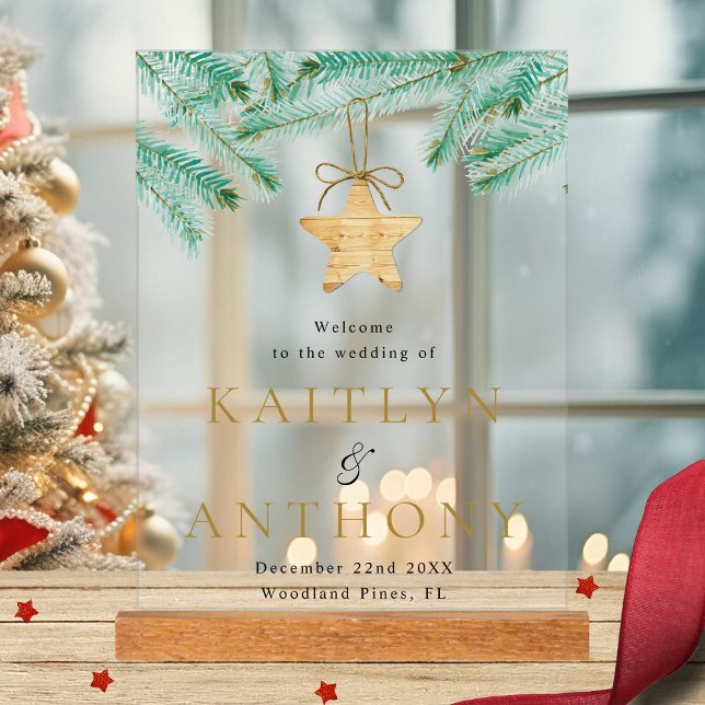 Watercolor Pine Boughs Winter Wedding Welcome Acrylic Sign (Creator Uploaded)