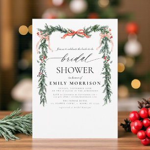 Watercolor Pine Bow Christmas Bridal Shower Invitation