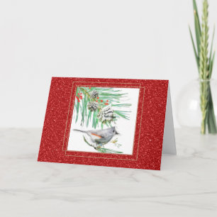 Watercolor Pine Branch and Bird Christmas Card