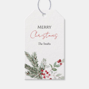 Watercolor Pine Branch and Red Berry Christmas Fav Gift Tags