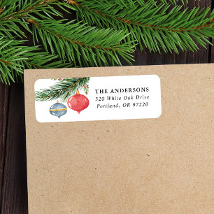 Watercolor Pine Branch & Christmas Ornaments Return Address Label