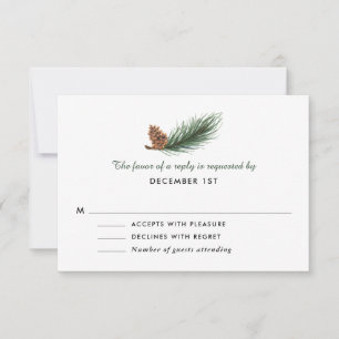 Watercolor Pine Branch Pine Cone Wedding RSVP Card