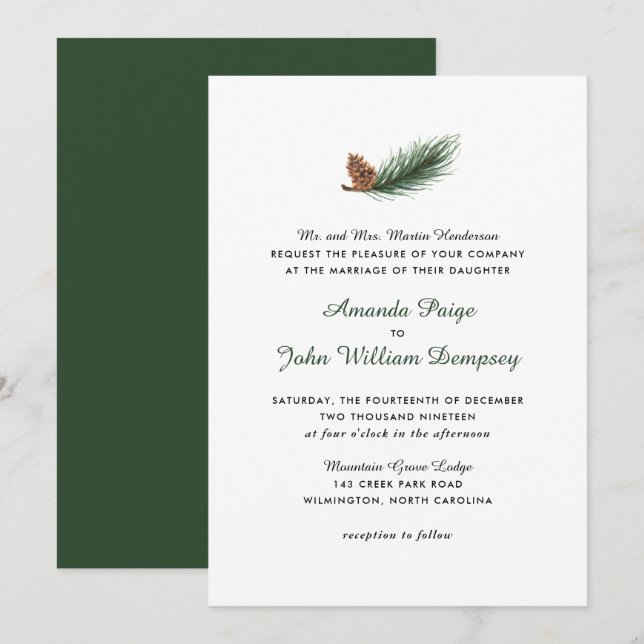 Watercolor Pine Branch Winter Pinecone Wedding Invitation (Front/Back)
