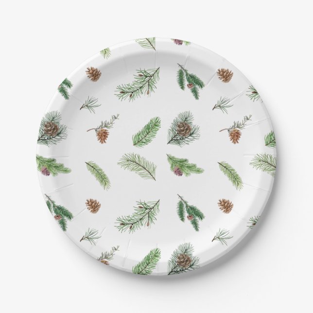 Watercolor Pine Branches and Pinecones Paper Plate (Front)