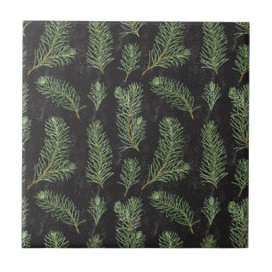 Watercolor pine branches on black background. ceramic tile