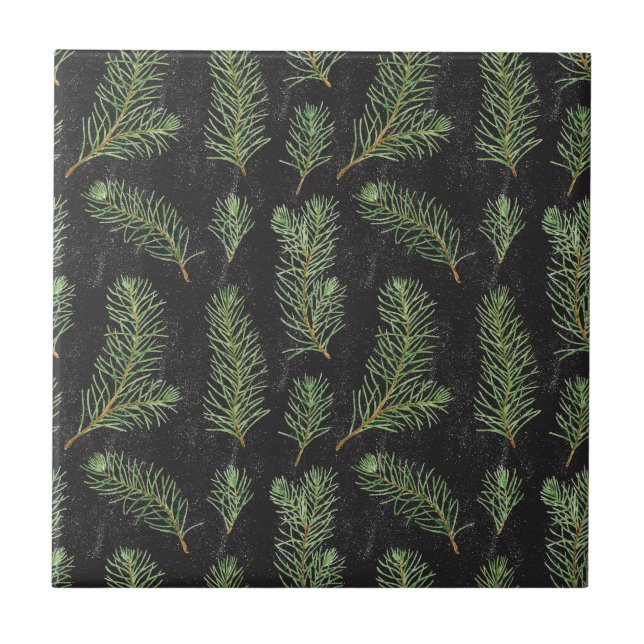 Watercolor pine branches on black background. ceramic tile (Front)