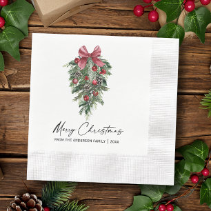 Watercolor Pine Calligraphy Ink Christmas Cocktail Napkin