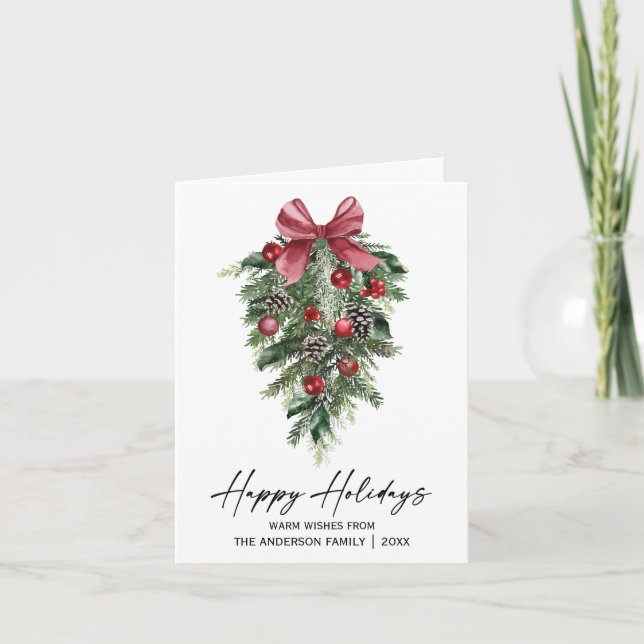 Watercolor Pine Calligraphy Ink Holiday Note Card (Front)