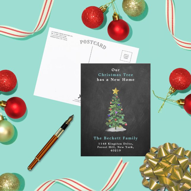 Watercolor Pine Christmas Tree New Home Holiday Announcement Postcard (Creator Uploaded)