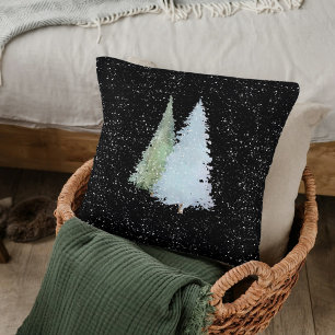 Watercolor Pine Christmas Trees Falling Snowflakes Cushion