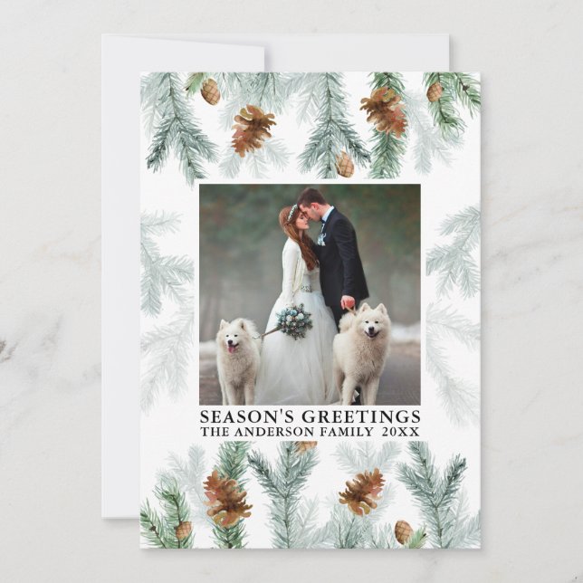 Watercolor Pine Cone Greenery Season's Greetings Holiday Card (Front)