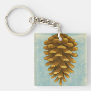 Watercolor Pine Cone in Snowy Sky Key Ring