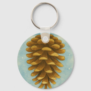 Watercolor Pine Cone in Snowy Sky Key Ring