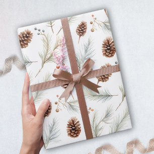 Watercolor Pine cones and branches with berries  Wrapping Paper