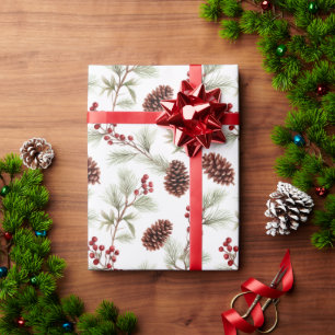 Watercolor Pine cones and branches with berries  Wrapping Paper