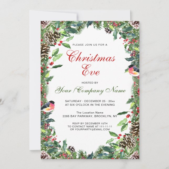Watercolor Pine Cones Branch Christmas Eve Invitation (Front)