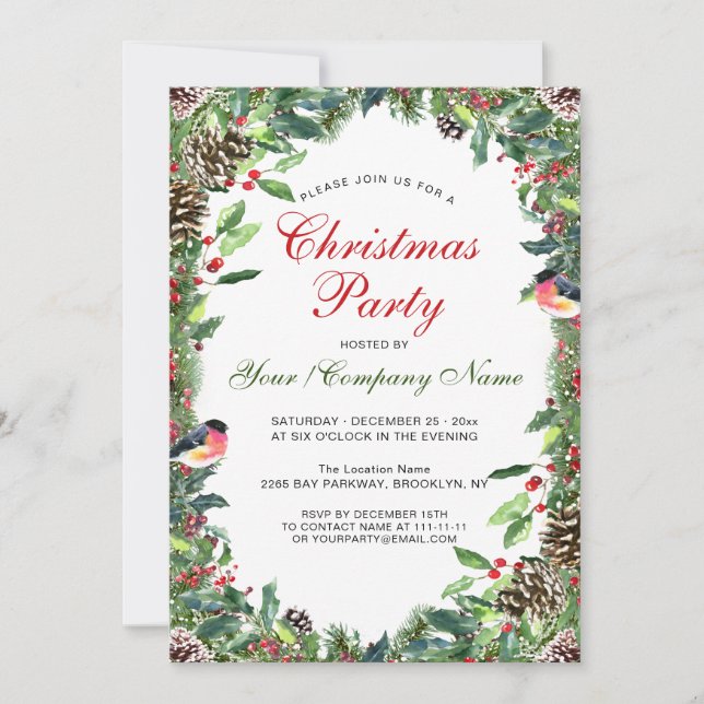 Watercolor Pine Cones Branch Christmas Party Invitation (Front)