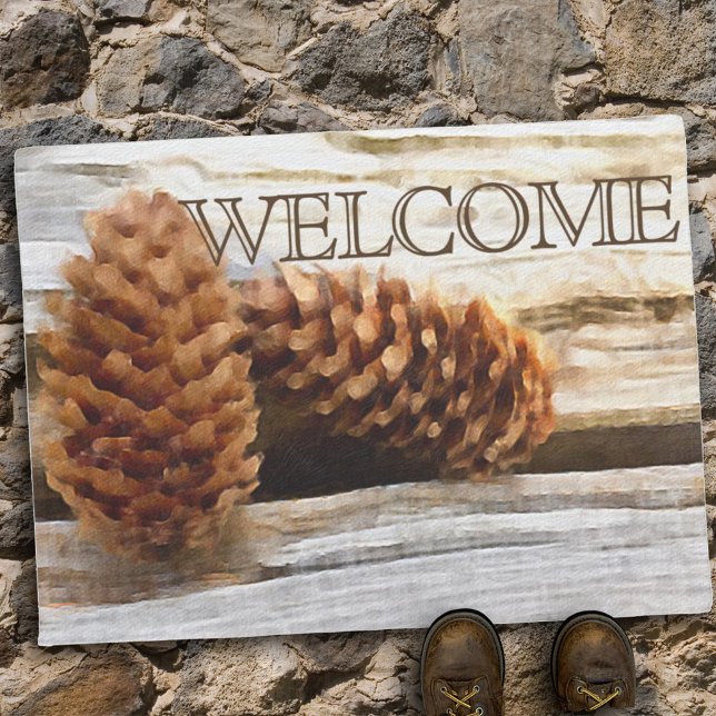 Watercolor Pine Cones Rustic Wood Custom Doormat (Creator Uploaded)