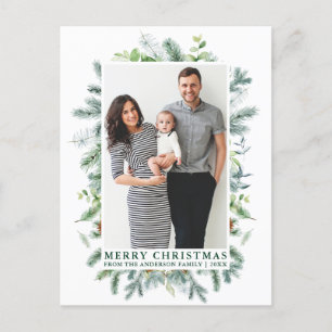 Watercolor Pine Family Photo Christmas Green Postcard