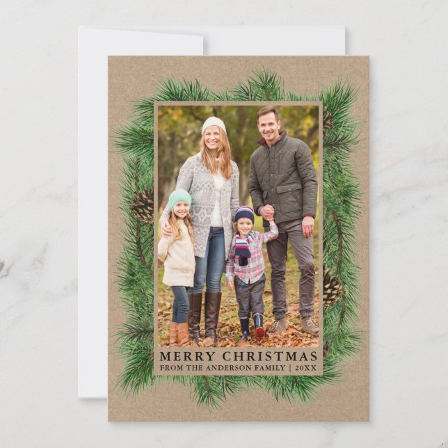 Watercolor Pine Family Photo Kraft Holiday Card (Front)