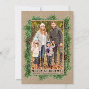 Watercolor Pine Family Photo Kraft Holiday Card