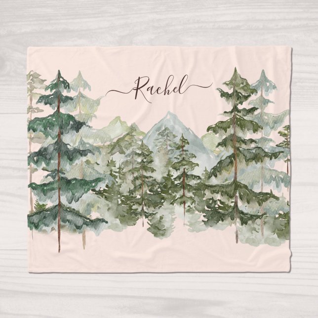 Watercolor Pine Forest and mountain Aesthetic Fleece Blanket (Close up on wood)
