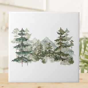 Watercolor Pine Forest and mountain Rustic Ceramic Tile