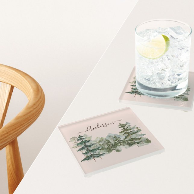 Watercolor Pine Forest and mountain Rustic Glass Coaster (In situ on kitchne table)