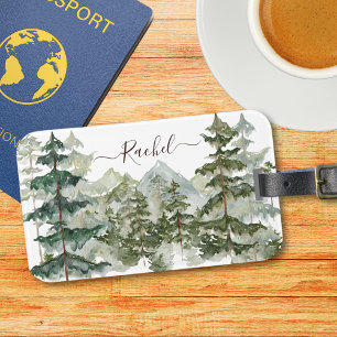 Watercolor Pine Forest and Mountain Rustic Luggage Tag