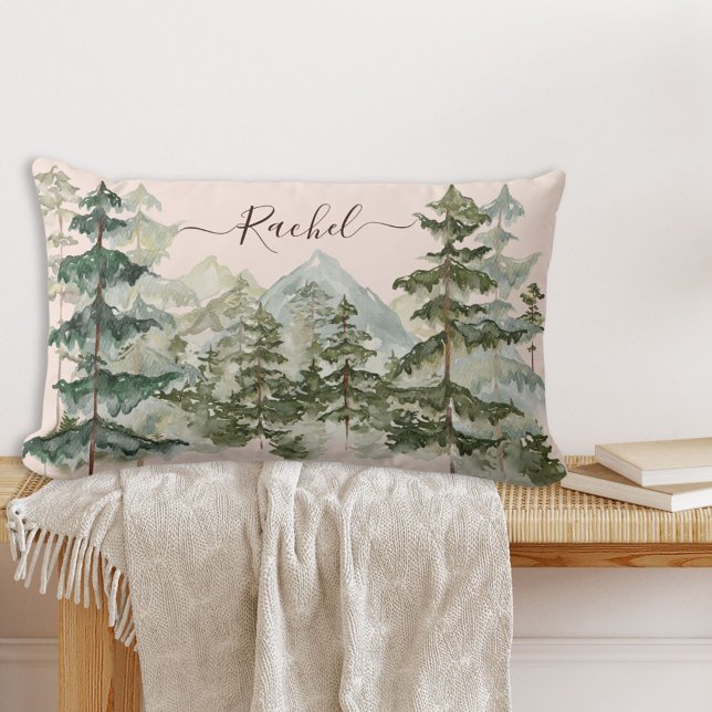Watercolor Pine Forest and mountain Rustic Lumbar Cushion (In situ on wood bench)