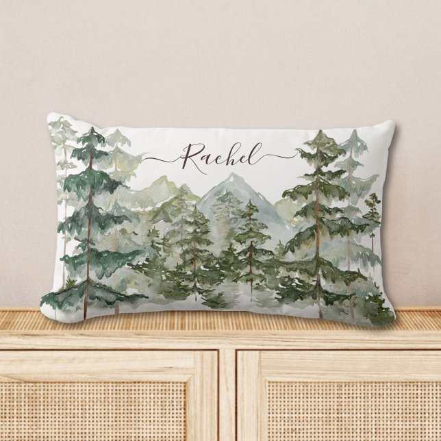 Watercolor Pine Forest and mountain Rustic Lumbar Cushion (In situ)