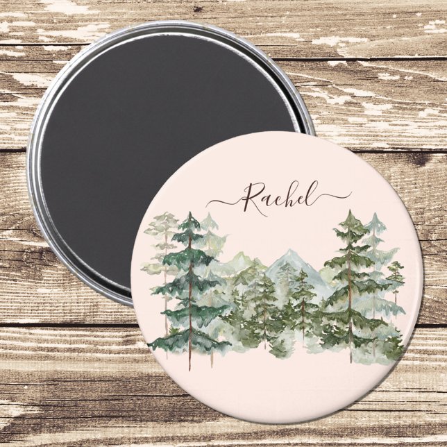 Watercolor Pine Forest and mountain Rustic Magnet (Close up on wood)