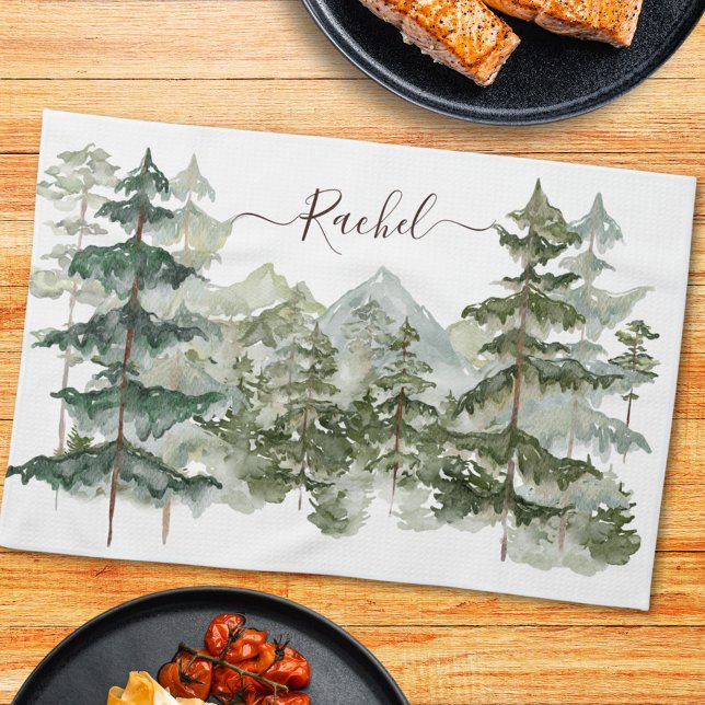 Watercolor Pine Forest and mountain Rustic Tea Towel (In situ)