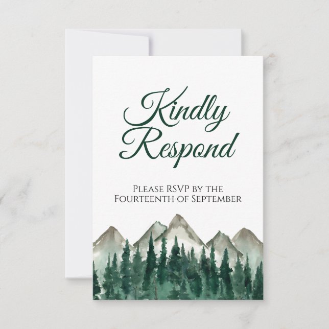 Watercolor Pine Forest Kindly Respond Wedding RSVP Card (Front)