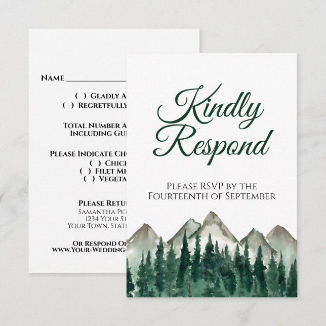 Watercolor Pine Forest Kindly Respond Wedding RSVP Card (Front/Back)