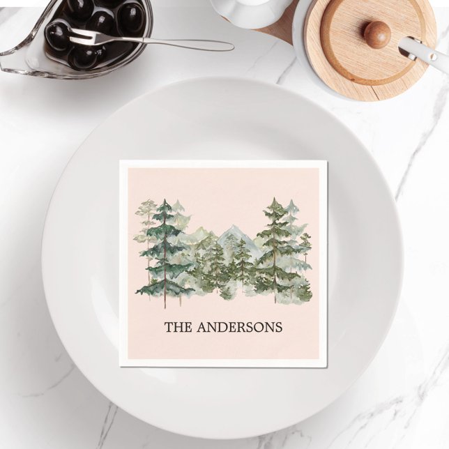 Watercolor Pine Forest & Mountain Rustic Napkin (In situ dining table)