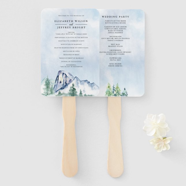Watercolor Pine Forest Winter Wedding Program Hand Fan (Front and Back)