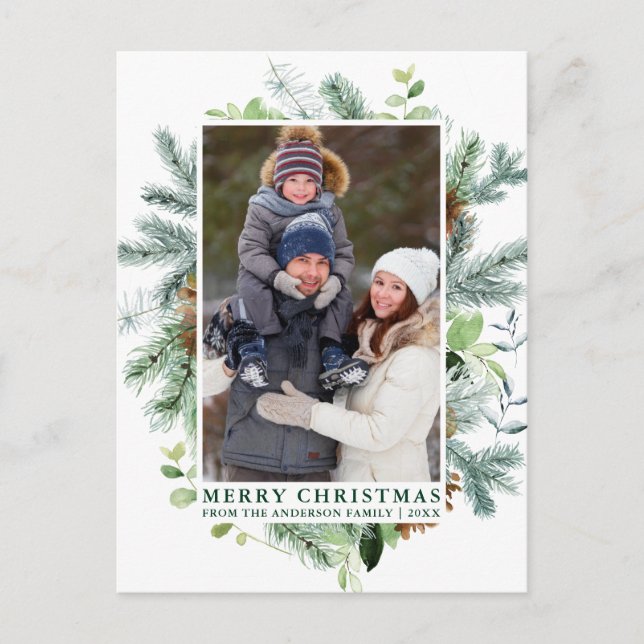 Watercolor Pine Frame Family Christmas Green Postcard (Front)