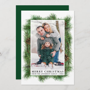 Watercolor Pine Frame Family Photo Green Holiday Card