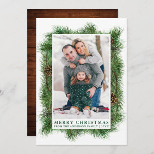Watercolor Pine Frame Wood Green Family Photo Holiday Card