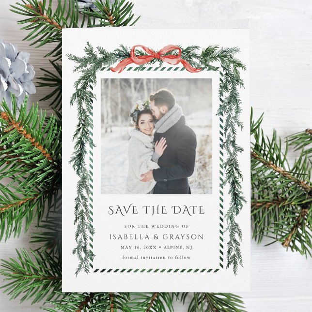 Watercolor Pine Garland Wedding Photo Save The Date (Creator Uploaded)