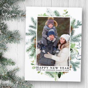 Watercolor Pine Greenery Happy New Year Photo Postcard