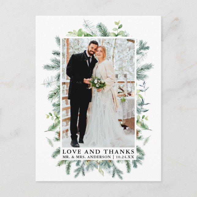 Watercolor Pine Greenery Love and Thanks Wedding Postcard (Front)